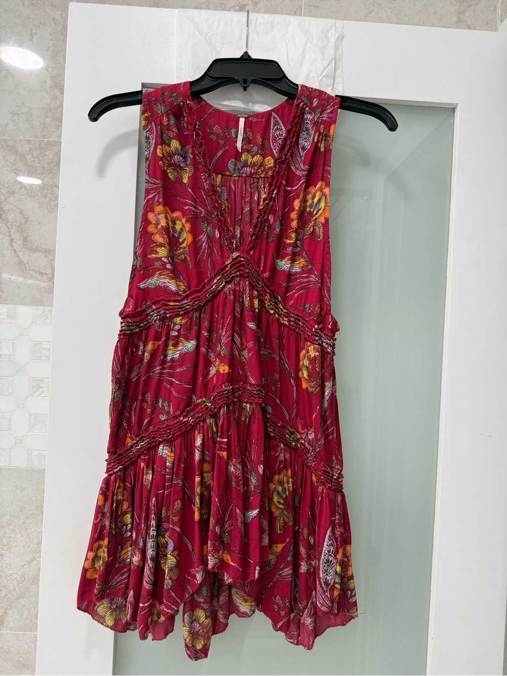 Free People Sleeveless Floral Tunic in Deep Red with Yellow Accents
